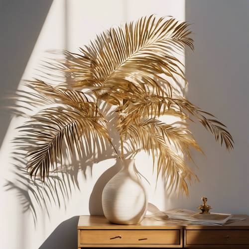 Gold palm leaves in a vase against a white wall creating shadows in a soft, diffused afternoon light.