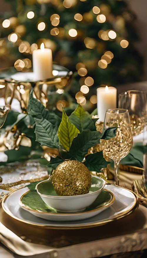 A green and gold Christmas-themed table setting with a poinsettia centerpiece.