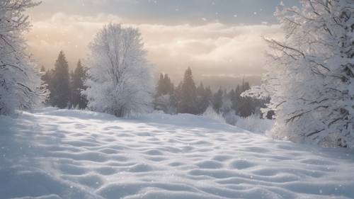 Eine stille und friedliche Winterlandschaft mit schneebedeckten Bäumen und einem beruhigenden Zitat über die Ruhe, die in der kühlen Luft schwebt.