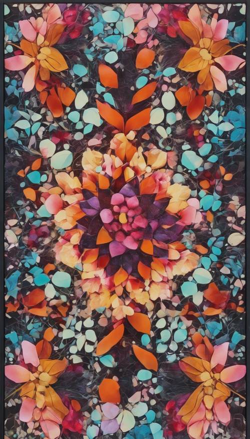 Un appendiabiti da parete con un disegno floreale geometrico, dai colori vivaci e accompagnato da forme astratte.