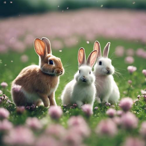 Grupa królików bawiących się w berka na polu koniczyny.