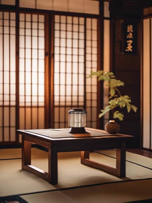 Ein geschmackvoll eingerichtetes japanisches Schlafzimmer mit Tatami-Matten, niedrigem Holztisch und einer leuchtenden Laterne, die warmes Licht wirft.