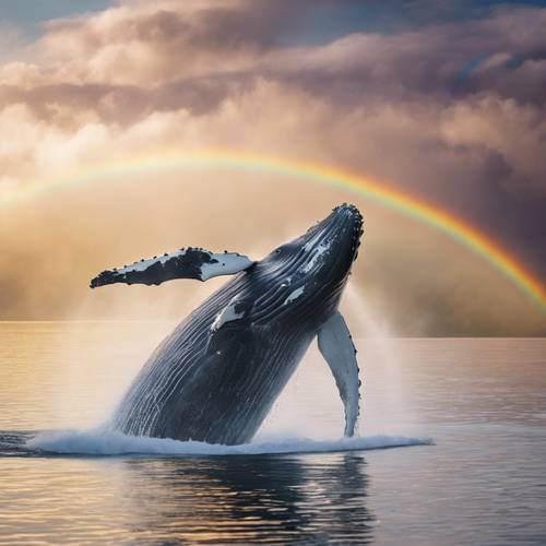Una ballena jorobada rompiendo la superficie del mar con un arco iris formándose en la niebla.