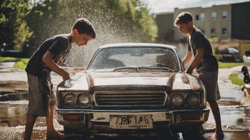 שני נערים שוטפים מכונית יחד למען התרמה.