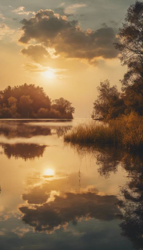 Uma cena do pôr do sol com nuvens amarelas espelhadas em um lago plácido.