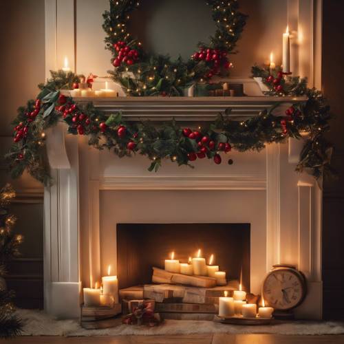 Drewniany kominek z tradycyjną świąteczną aranżacją z ostrokrzewem, płonącymi świecami i starannie zawieszoną pończochą.