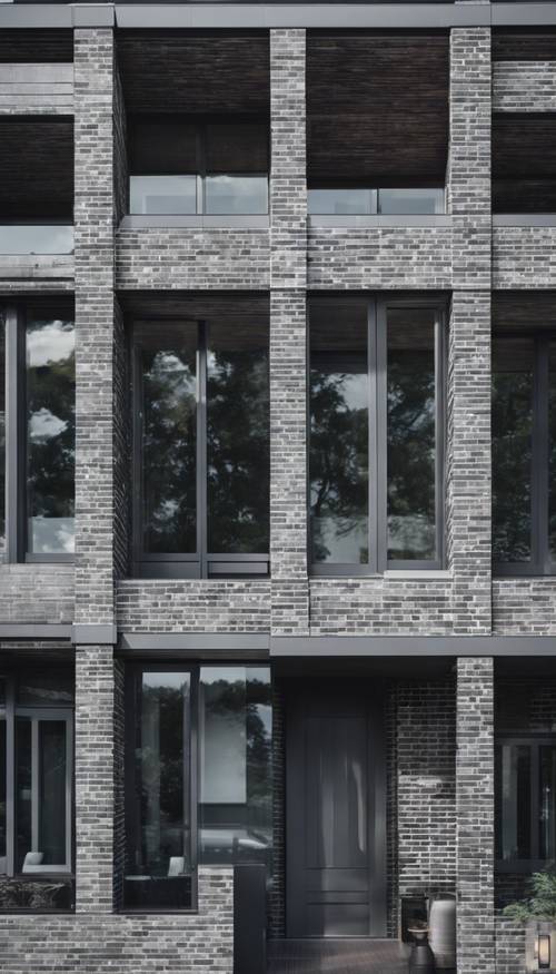 The exterior of a modern house made of black and gray bricks.