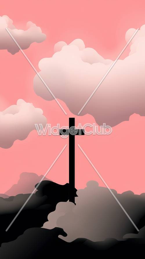 穏やかな十字架の輪郭がピンクの雲に反映された壁紙