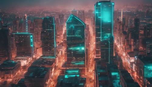 Un horizon de ville moderne et élégant au crépuscule baigné de néons turquoise