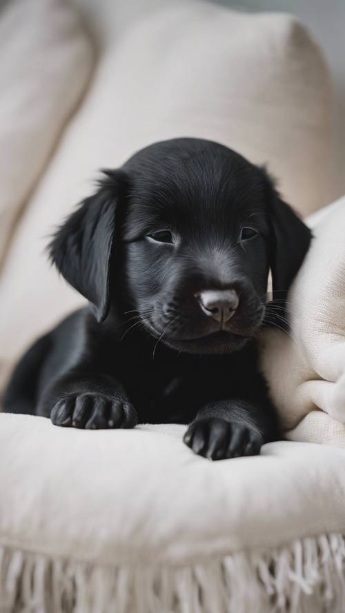 一隻新生的黑色拉布拉多小狗安靜地睡在蓬鬆、明亮的白色墊子上。