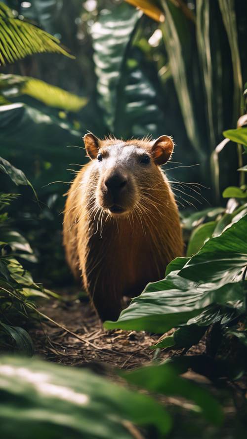 A capybara emerging from a thicket of tropical foliage, cloaked in shadows.