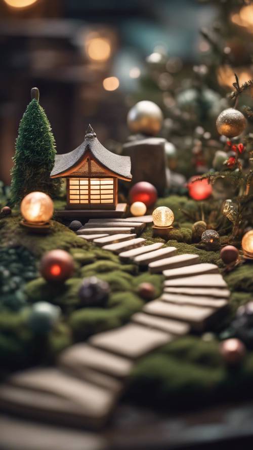 גן זן שליו מעוטר בקישוטי חג מולד עדינים, המתואר בסגנון אנימה.