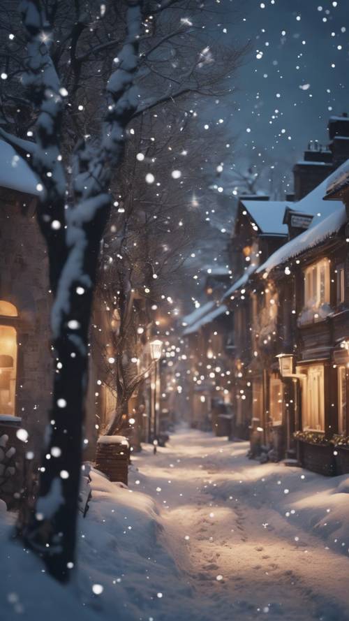 Một khung cảnh mùa đông huyền ảo, với những bông tuyết rực rỡ nhẹ nhàng rơi xuống ngôi làng yên tĩnh, sáng đèn.