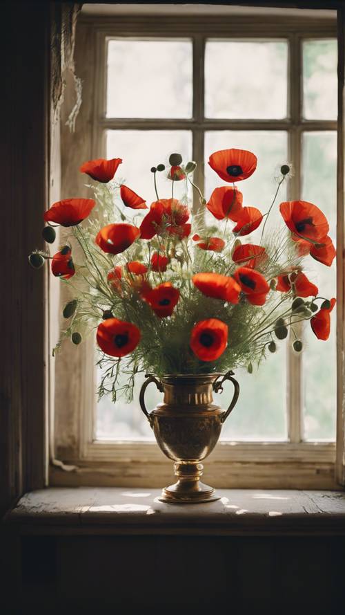 Un vaso vintage decorato seduto accanto a una finestra, pieno di papaveri appena raccolti.