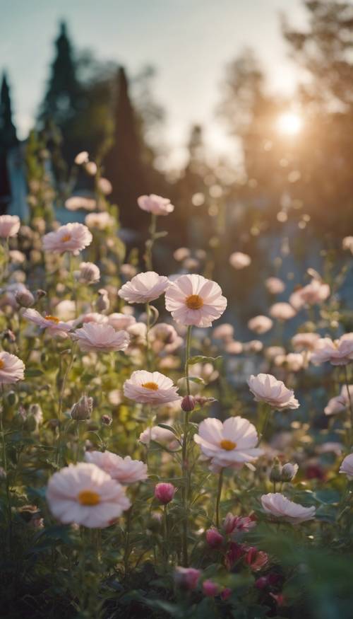 Ein blühender Blumenbeet in einem Shabby-Chic-Garten im Morgengrauen