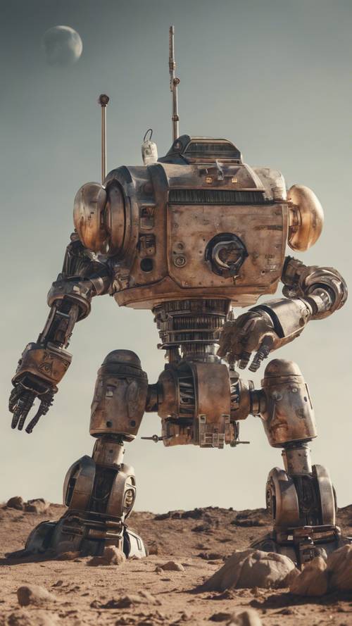 Гигантский механический робот в стиле ретро, ​​патрулирующий пустынную лунную базу.