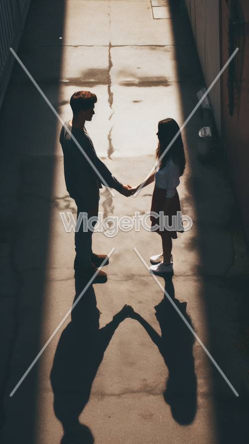 Sonnenbeschienene Silhouetten eines jungen Paares, das Händchen hält
