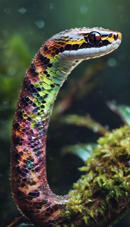 An iridescent rainforest snake draped over a mossy branch, adorned with dew drops.