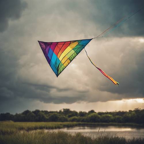A boho rainbow kite flying in the stormy sky.