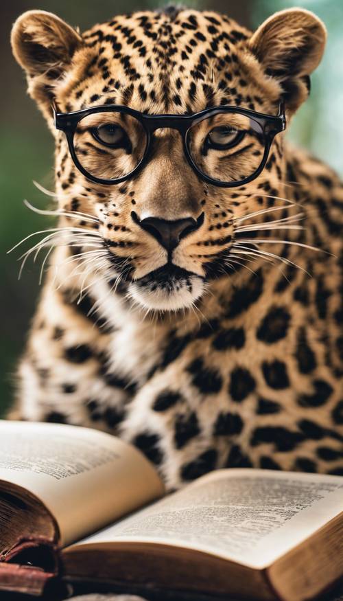 Um leopardo sofisticado usando óculos elegantes, absorto na leitura de um livro antigo de capa dura. Papel de parede [0af02b371feb42f8a22c]