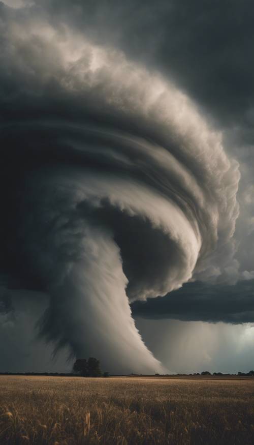 一场猛烈的龙卷风在暴风雨肆虐的乡村天空中旋转。