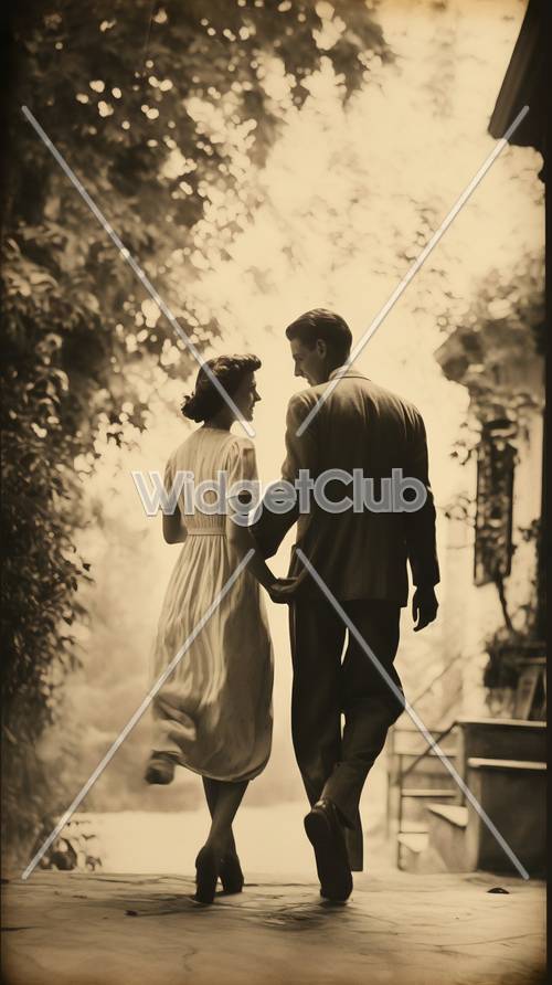 Casal romântico vintage andando de mãos dadas