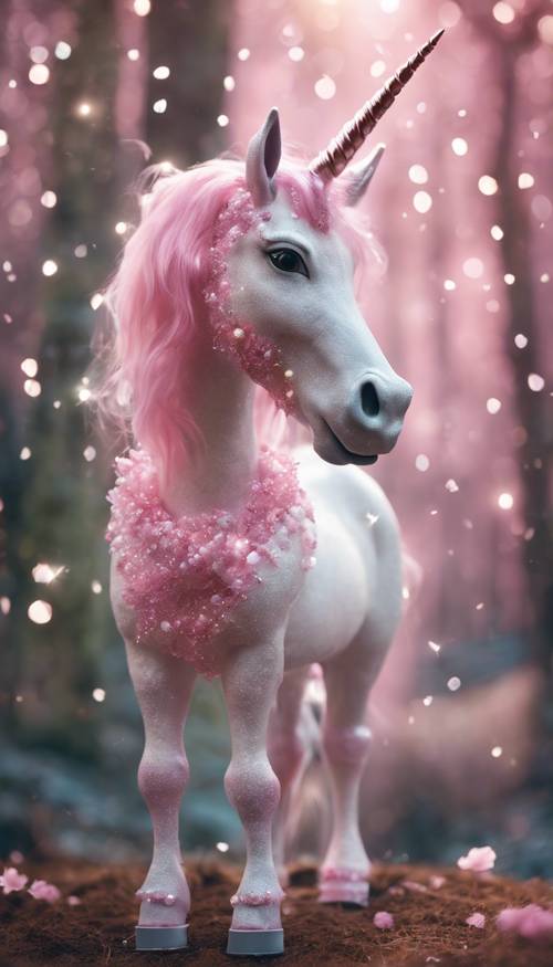 An adorable pink and white unicorn with sparkling eyes standing in a dreamlike, enchanted forest.