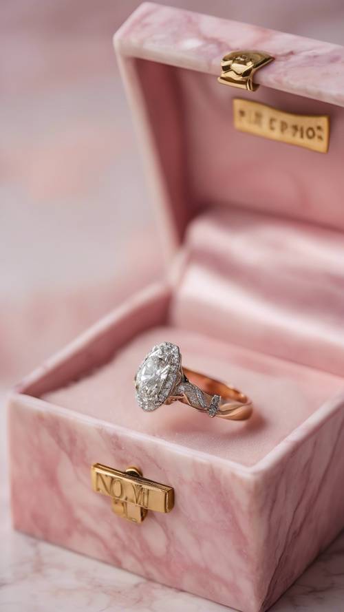 Uma aliança de casamento exibida em uma caixa de mármore rosa.