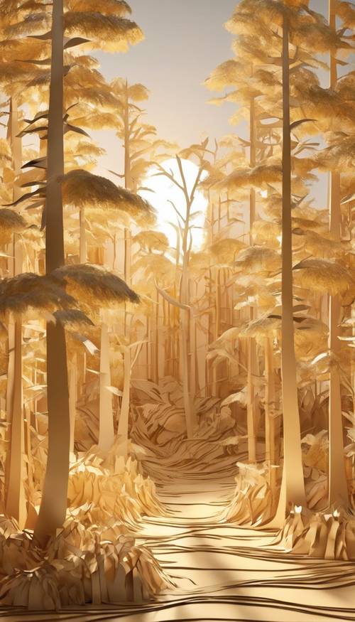 A detailed 3D paper forest with varying tree species under the golden rays of a setting sun.