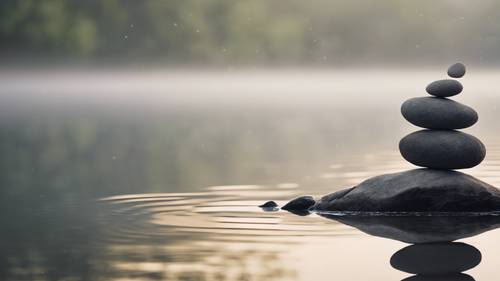 Tumpukan batu zen yang halus dan seimbang dengan latar belakang danau yang tenang dan berkabut. Kutipan &#39;Segala sesuatu yang Anda lakukan dapat dilakukan dengan lebih baik dari tempat yang tenang.&#39; disisipkan secara halus.