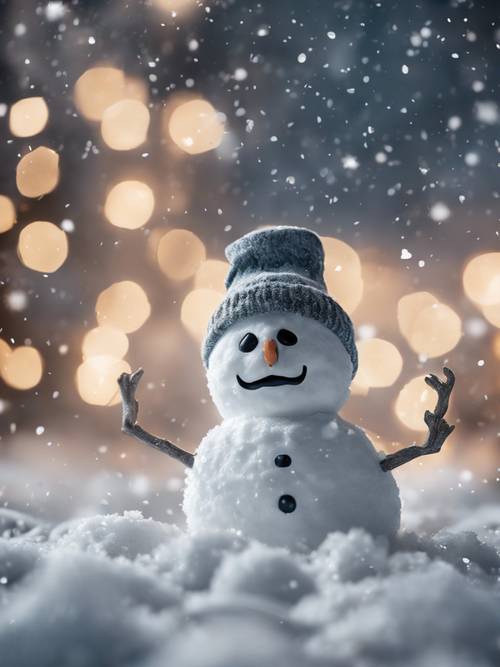 Una scena vacanziera di un pupazzo di neve con un teschio grigio al posto della testa, circondato da fiocchi di neve.