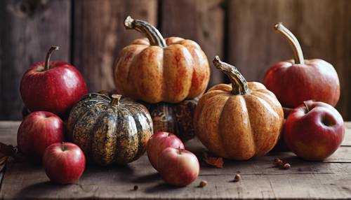 Soft-focused image of beautiful ornamental gourds arranged alongside rich, red apples on an aged wood surface.