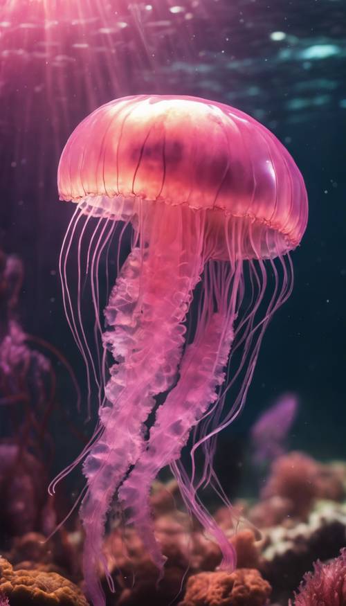 A pink jellyfish in a vibrant underwater scene with rays of sunlight coming from the surface