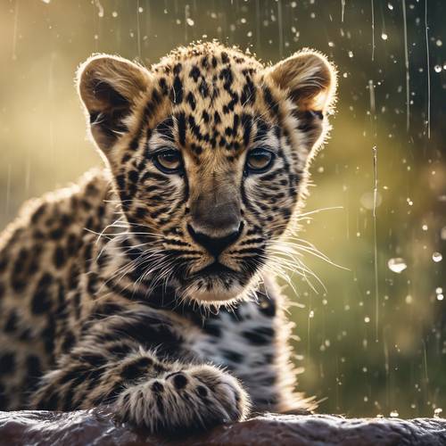 Un imbronciato cucciolo di leopardo che fissa una goccia di pioggia che cade.