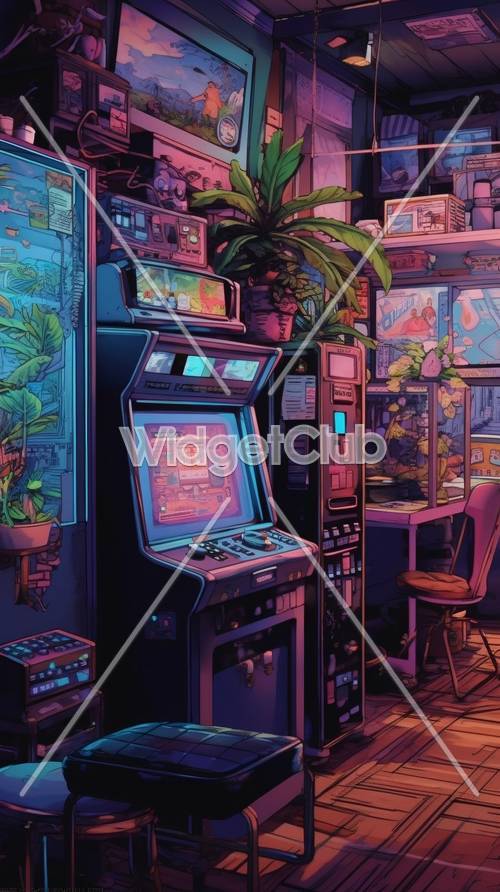 Farbenfroher Retro-Arcade-Raum voller Spiele und Neonlichter