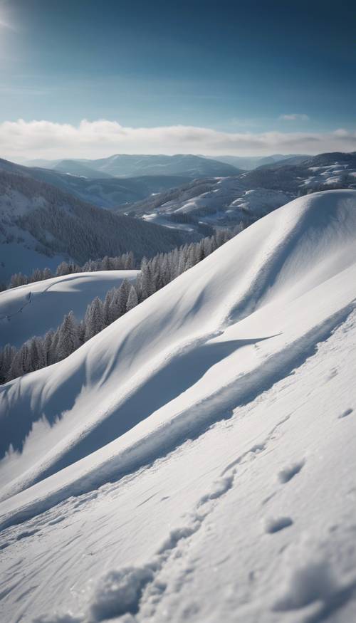 从陡峭的滑雪坡顶上可以看到令人惊叹的美景，前方是未经触碰的新雪和清澈的蓝天。