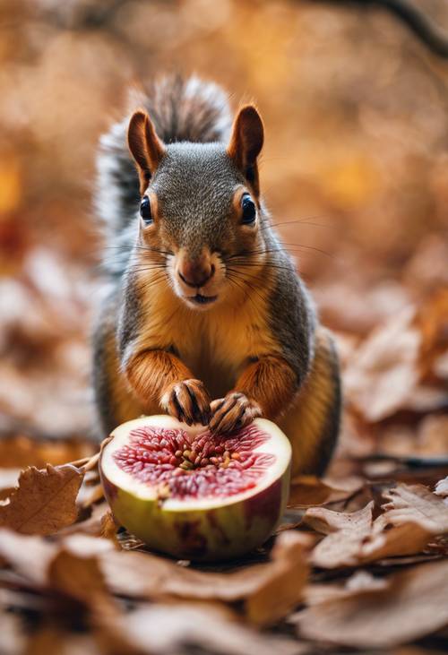 A squirrel munching on a fig fruit amidst autumn leaves.