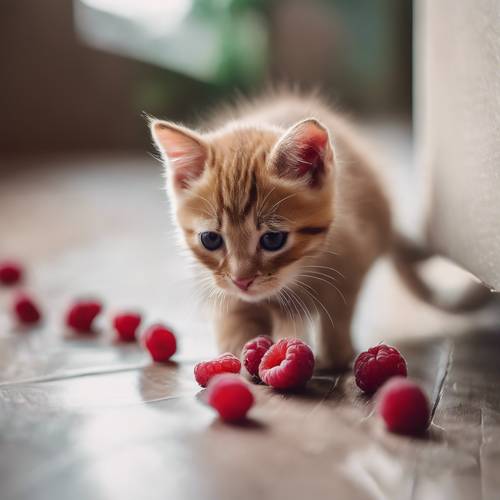 A curious kitten sniffing a lone raspberry on the floor.