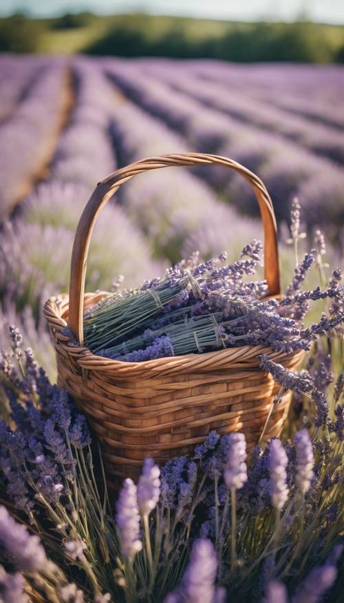 Keranjang kayu antik berisi bunga lavender yang baru dipetik di ladang yang cerah.