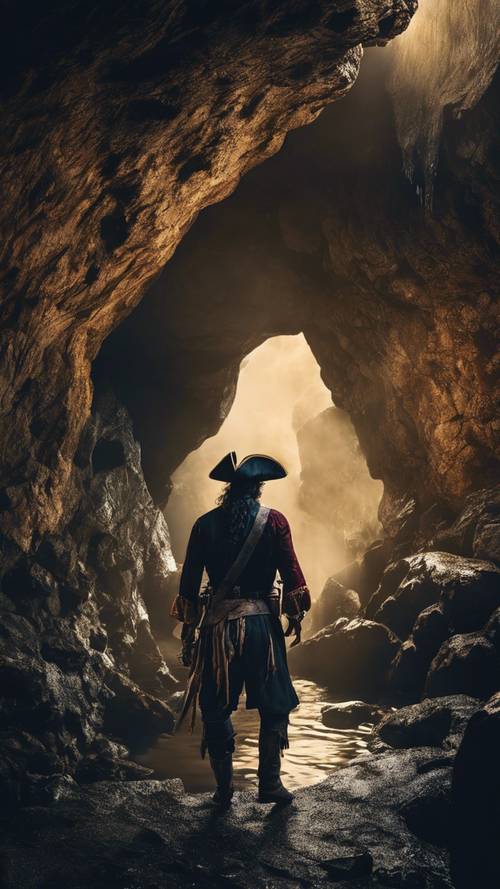 Pirat wchodzący do niesamowitej, ciemnej jaskini w poszukiwaniu ukrytego skarbu.