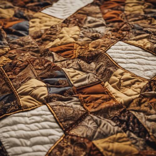 Close up of masterful patchwork on a beautiful quilt of brown and gold silk.