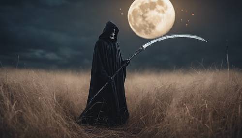 A grim reaper standing in a field of dead grass under the half-lit moon with a scythe clutched in his hand.