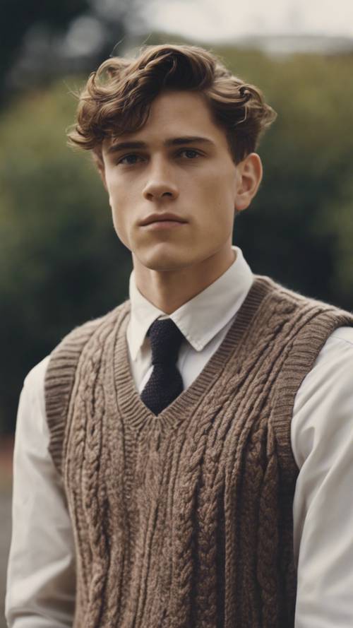 一名年轻男子在有领衬衫外面穿了一件粗针织毛衣背心，展现出学院风的美感。