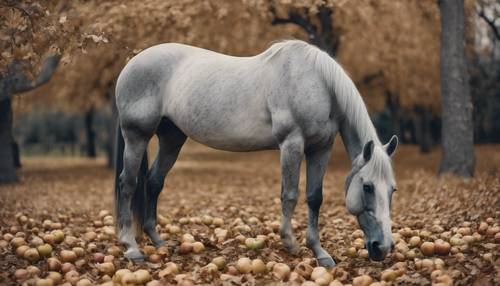 Immagine sbiadita di un cavallo grigio pezzato che pascola pigramente in un frutteto di mele, circondato da foglie cadute.