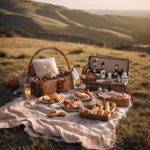 A romantic boho western style picnic setup on a hill overlooking a breathtaking landscape