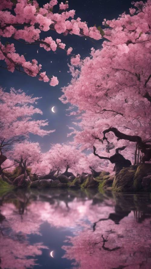 Deretan pohon sakura, bunganya yang berwarna merah jambu terpantul di kolam yang tenang di bawah sinar bulan.