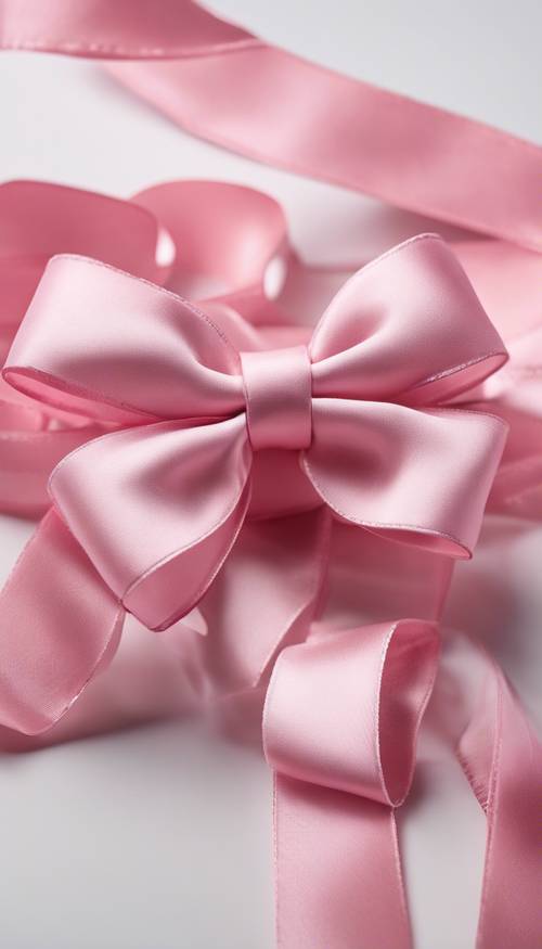 Розовая атласная лента, завязанная элегантным бантом на белом фоне.