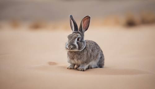 Un lapin gris sauvage assis sur le sable beige du désert.