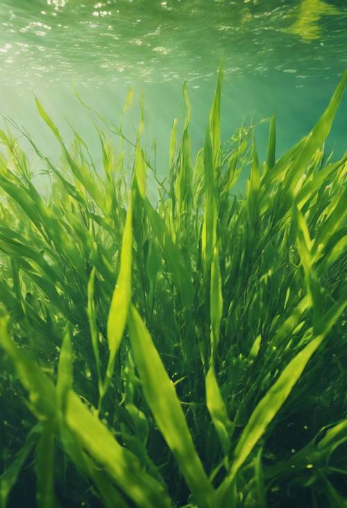 Tętniąca życiem, podwodny widok na zieloną łąkę z trawą morską w tropikalnym ujściu rzeki w słoneczny dzień.