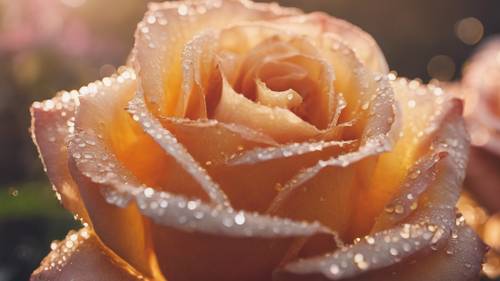 Una ripresa macro dettagliata di una rosa in fiore ricoperta di gocce di rugiada dorate durante l&#39;alba.